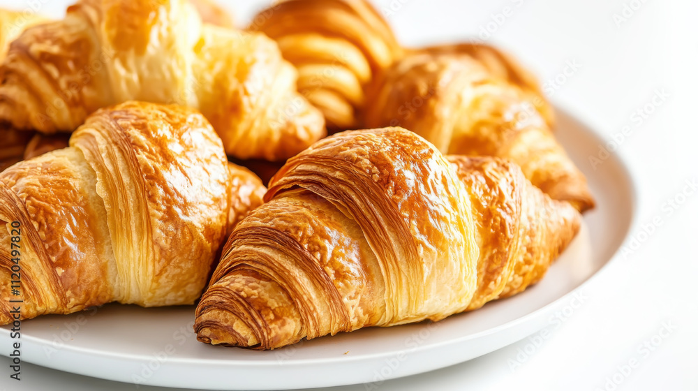 Close up of fresh french croissants on a plate for breakfast or brunch Close up of fresh french croissants on a plate for breakfast or brunch