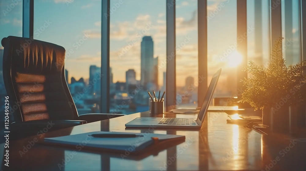 Fototapeta premium Sunset cityscape view from modern office desk with laptop.