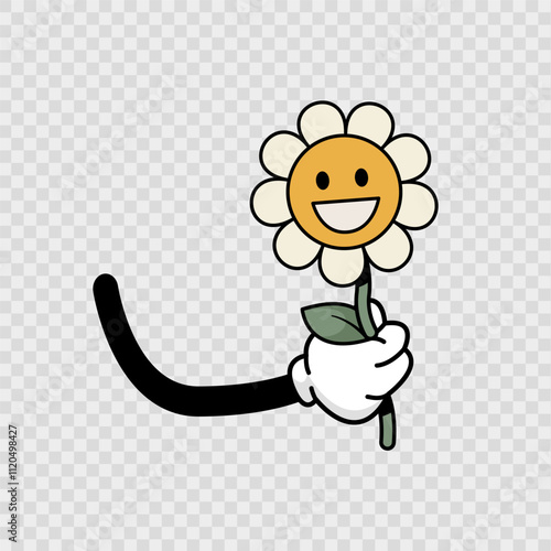 Chamomile flowers in character hand. Retro cartoon Hand holding chamomile flower. ​​Trendy retro style 60s 70s. For poster, postcard, print. Valentine's day.