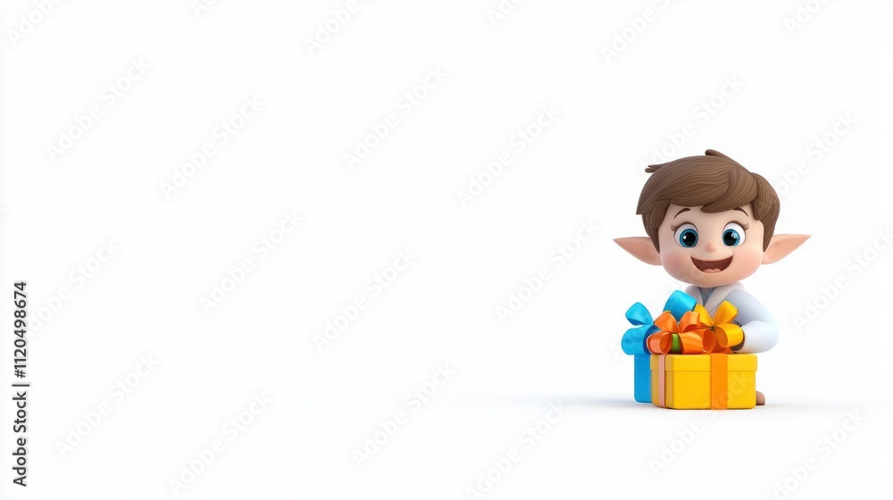 A cheerful cartoon boy with pointed ears holding a gift box. A cheerful cartoon boy with pointed ears holding a gift box.