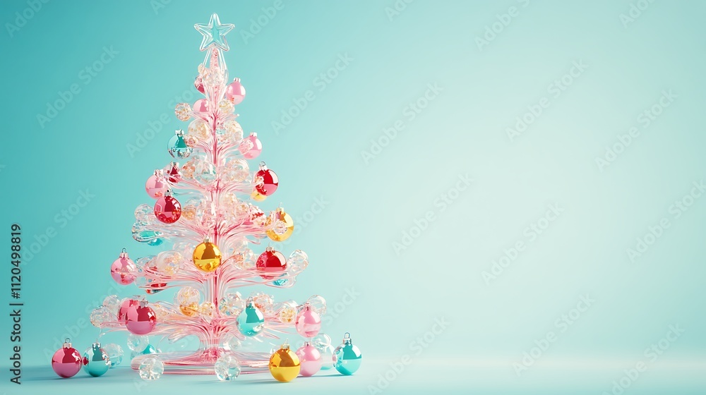 New Year pink Christmas tree made of glass, adorned with colorful candy crystal ball ornaments on a pastel teal blue background. New Year pink Christmas tree made of glass, adorned with colorful candy crystal ball ornaments on a pastel teal blue background.