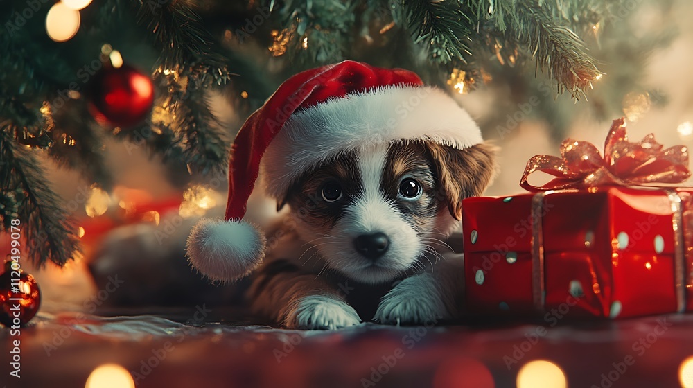 New Yeara??s present concept featuring a puppy in a Santa hat under a Christmas tree, rendered with Generative AI. New Yeara??s present concept featuring a puppy in a Santa hat under a Christmas tree, rendered with Generative AI.