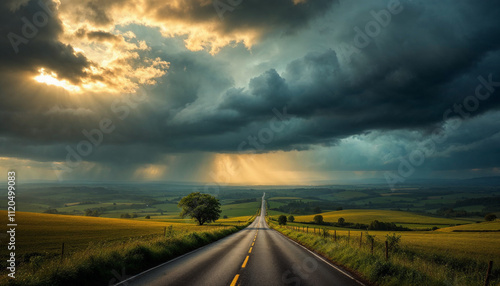 A winding road through fields under dramatic storm clouds, with moments of sunlight.