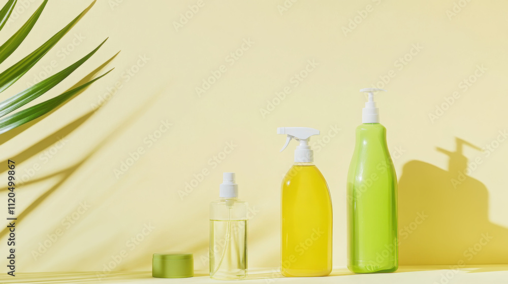 Eco friendly cleaning products in glass containers on yellow background Eco friendly cleaning products in glass containers on yellow background