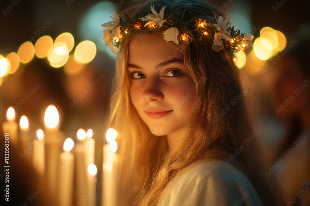 Girl with wreath crown and white robe holding candle for Saint Lucia's Day or Saint Lucy's Day Girl with wreath crown and white robe holding candle for Saint Lucia's Day or Saint Lucy's Day