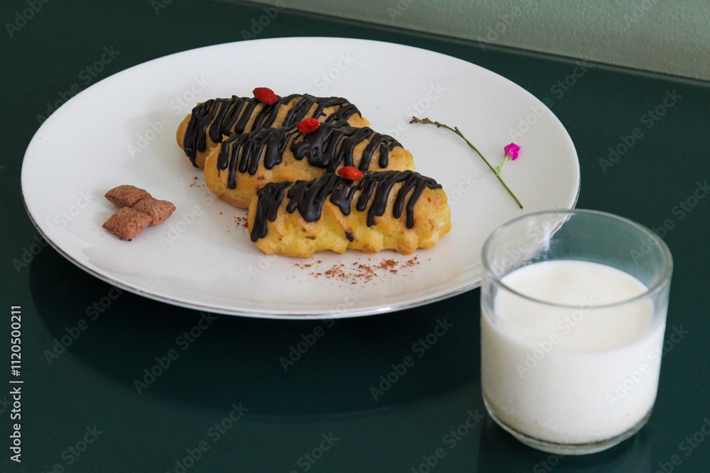 Chocolate Eclairs Served with Milk Side View on Dark Background Indonesian Dessert Asian Food
