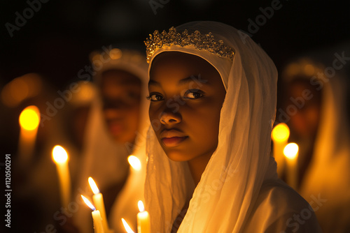 African Amercian girl with wreath crown and white robe holding candle for Saint Lucia's Day or Saint Lucy's Day photo