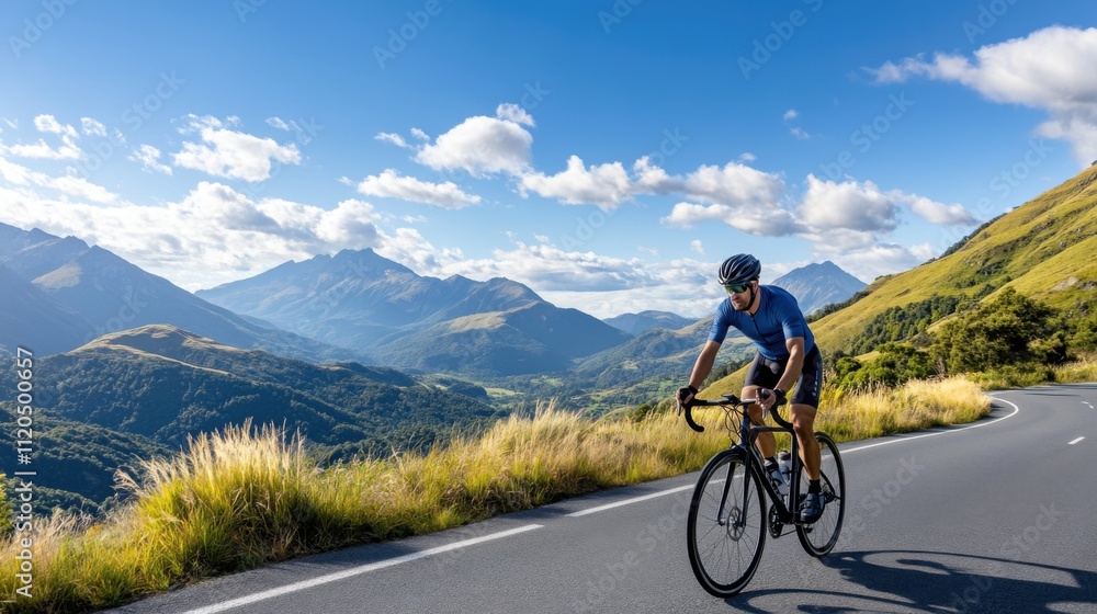 Cyclist Enjoying Scenic Ride on Mountain Road with Lush Greenery and Breathtaking Landscape Views Cyclist Enjoying Scenic Ride on Mountain Road with Lush Greenery and Breathtaking Landscape Views