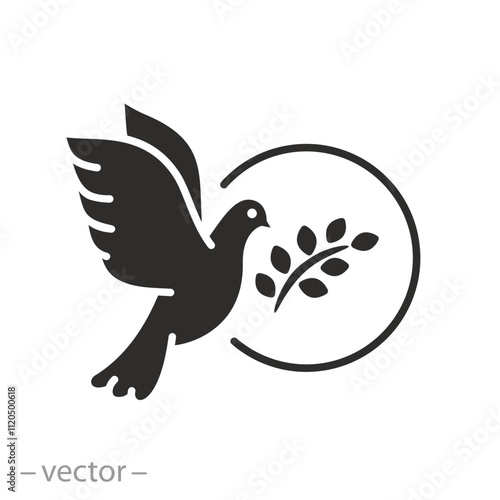 pigeon with olive branch, dove peace icon, bird flying, symbol love, flat vector illustration