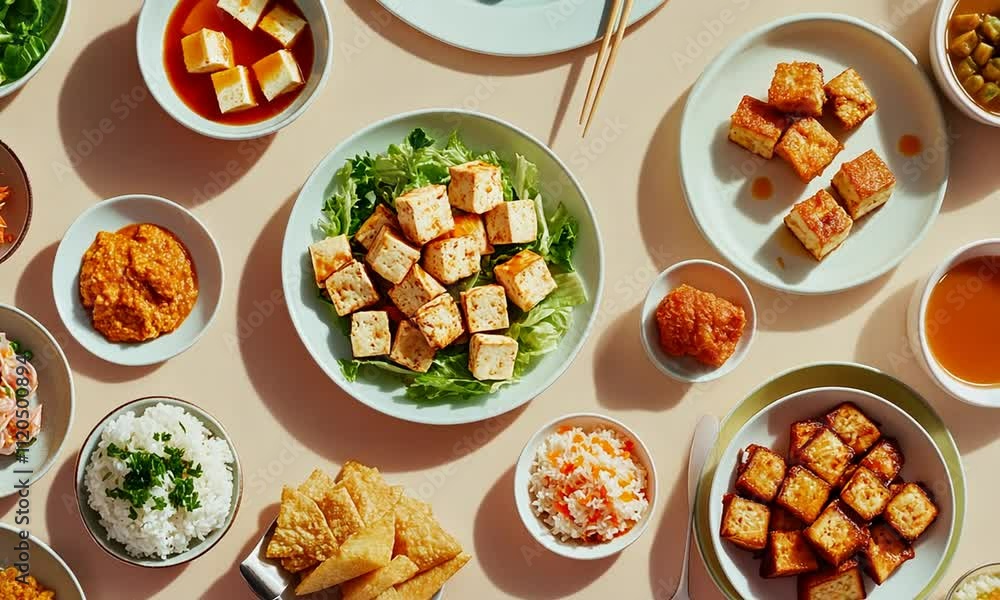 An Array of Delicious Asian Dishes Including Tofu, Sauces, Rice, and Variety of Vegetables Served on Light Background for Culinary and Food-themed Projects An Array of Delicious Asian Dishes Including Tofu, Sauces, Rice, and Variety of Vegetables Served on Light Background for Culinary and Food-themed Projects