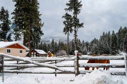 Obraz na płótnie A small ranch home with barn and horse in a corral on a snow covered winter day in Coeur d'Alene, Idaho, in the North Idaho panhandle region