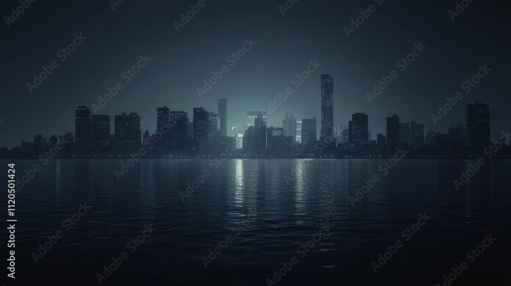 Fototapeta premium Dark City Skyline at Night with Reflections on Water and Silhouetted Buildings Against a Mysterious Fog in a Quiet Urban Landscape