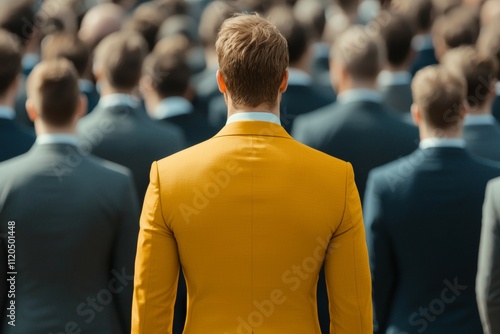 A man in a yellow suit stands in front of a crowd of people. Unique or different concept