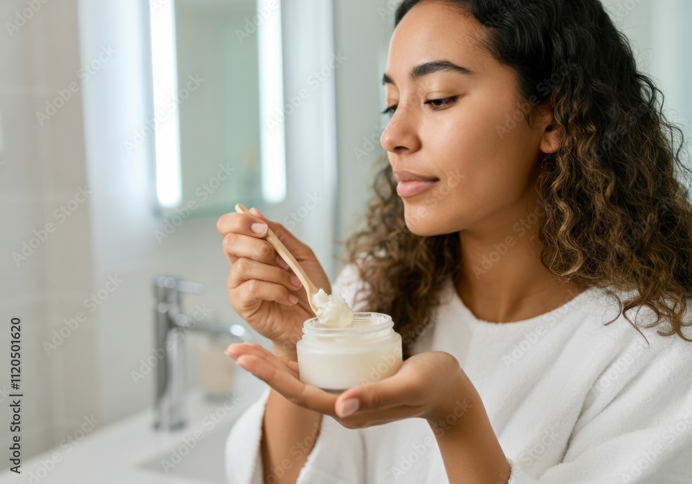 Beauty routine of a young woman applying moisturizer on her face in the bathroom Beauty routine of a young woman applying moisturizer on her face in the bathroom