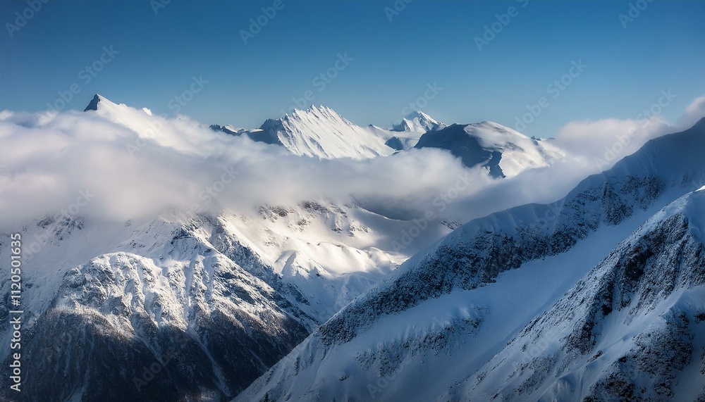 Fototapeta premium 산봉우리 위로 하얀 눈과 함께 흐릿하게 드리운 구름