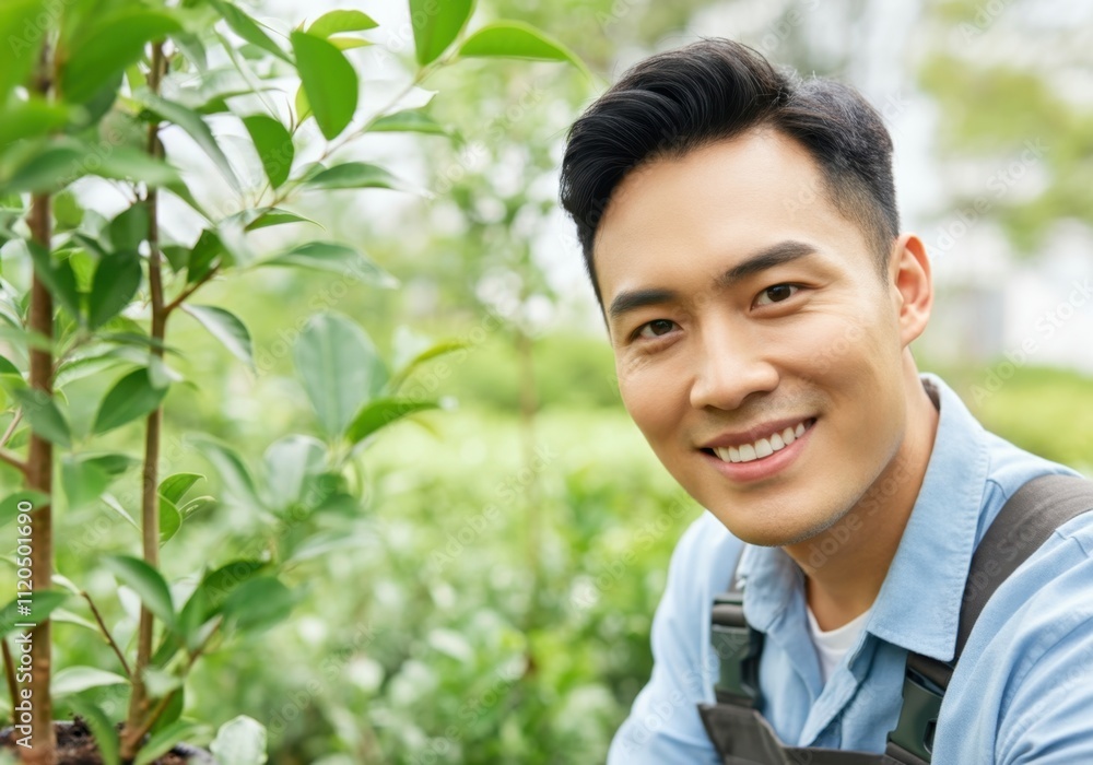Gardener smiling while taking care of plants in nursery garden Gardener smiling while taking care of plants in nursery garden
