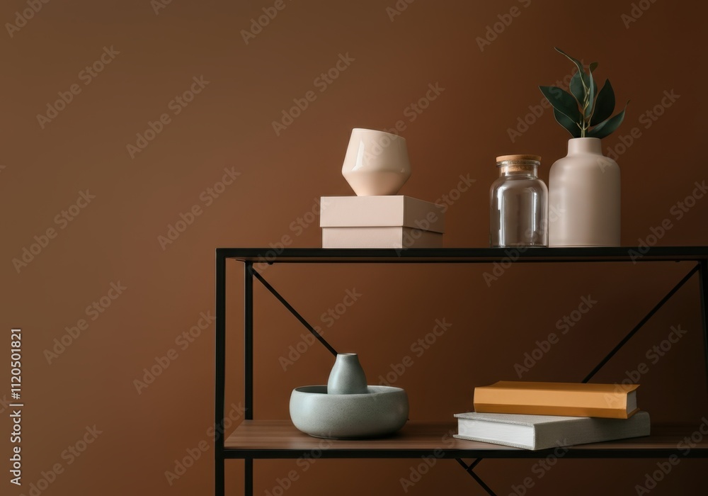 Stylish home decor items are displayed on a modern shelf against a brown wall, creating a cozy and sophisticated atmosphere Stylish home decor items are displayed on a modern shelf against a brown wall, creating a cozy and sophisticated atmosphere