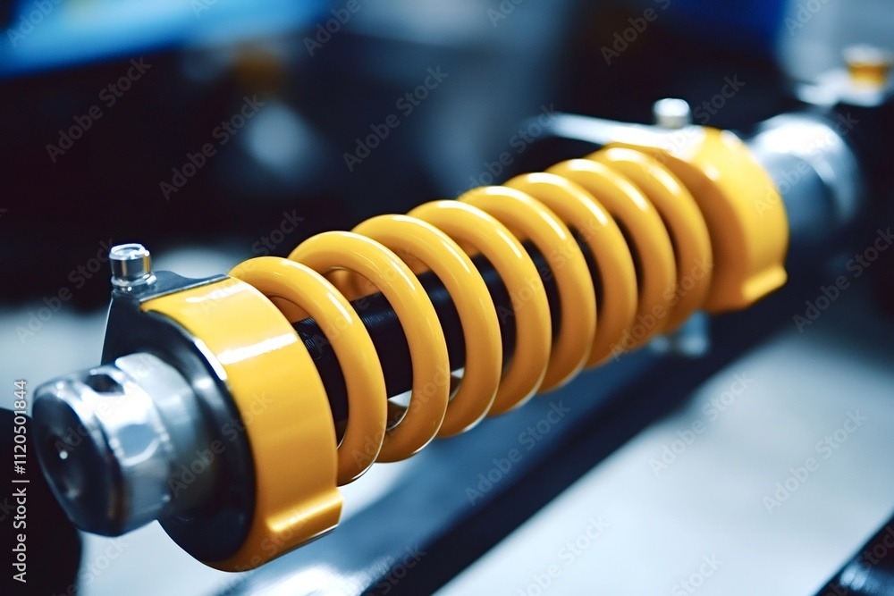 Yellow shock absorber with detailed coils and mounting hardware, highlighting precision engineering and performance enhancements for motorcycles and other vehicles Yellow shock absorber with detailed coils and mounting hardware, highlighting precision engineering and performance enhancements for motorcycles and other vehicles