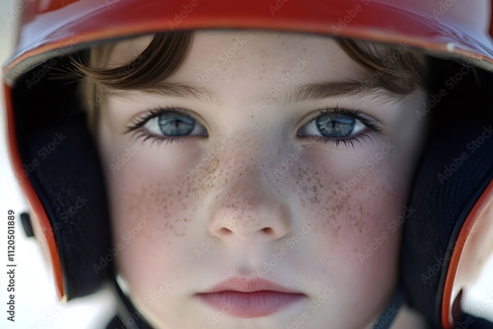 Close-up of a young baseball player wearing a red helmet, freckles highlighting their face as they look towards the field, ready for the game