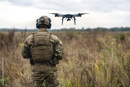 Soldier wearing camouflage uniform and protective gear operating a drone during a military operation in an open field, showcasing the integration of unmanned aerial vehicles in modern warfare