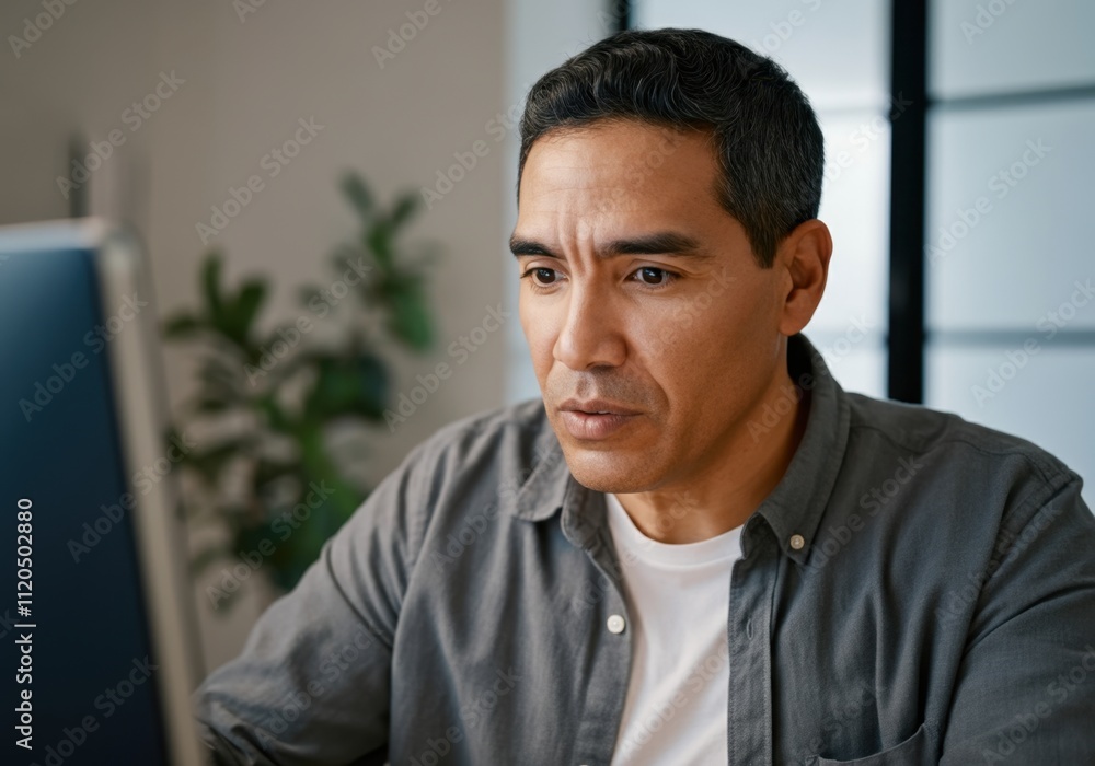 Focused employee is concentrating while working on a computer in an office setting, demonstrating dedication and productivity Focused employee is concentrating while working on a computer in an office setting, demonstrating dedication and productivity