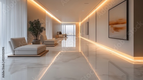 A beautifully designed modern interior hallway, featuring luxurious furnishings and ambient lighting with a serene atmosphere and stylish decor elements.