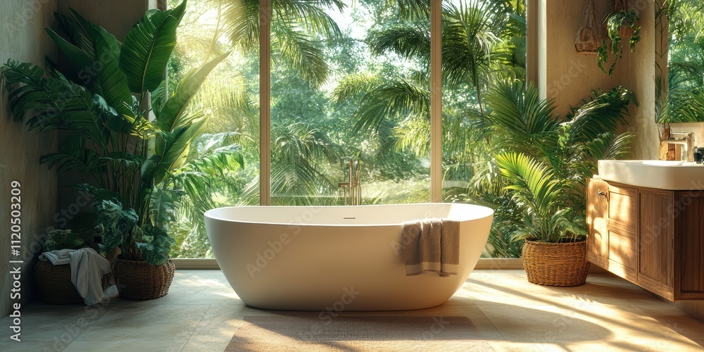 Luxurious modern bathroom with a freestanding tub and lush green plants bathed in natural sunlight filtering through the large glass windows. Luxurious modern bathroom with a freestanding tub and lush green plants bathed in natural sunlight filtering through the large glass windows.
