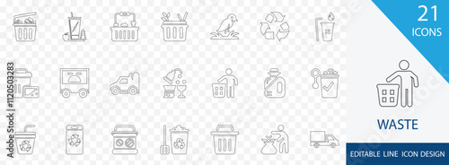Waste editable line icon set. containing recycle, compost, landfill, pollution, e-waste, plastic, zero-waste and more stroke icons