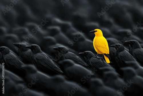 A yellow bird stands out in a flock of black birds. Unique or different concept photo