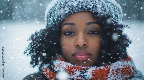 Portrait of a beautiful fictional Black woman in winter clothing, set in a snowy landscape.