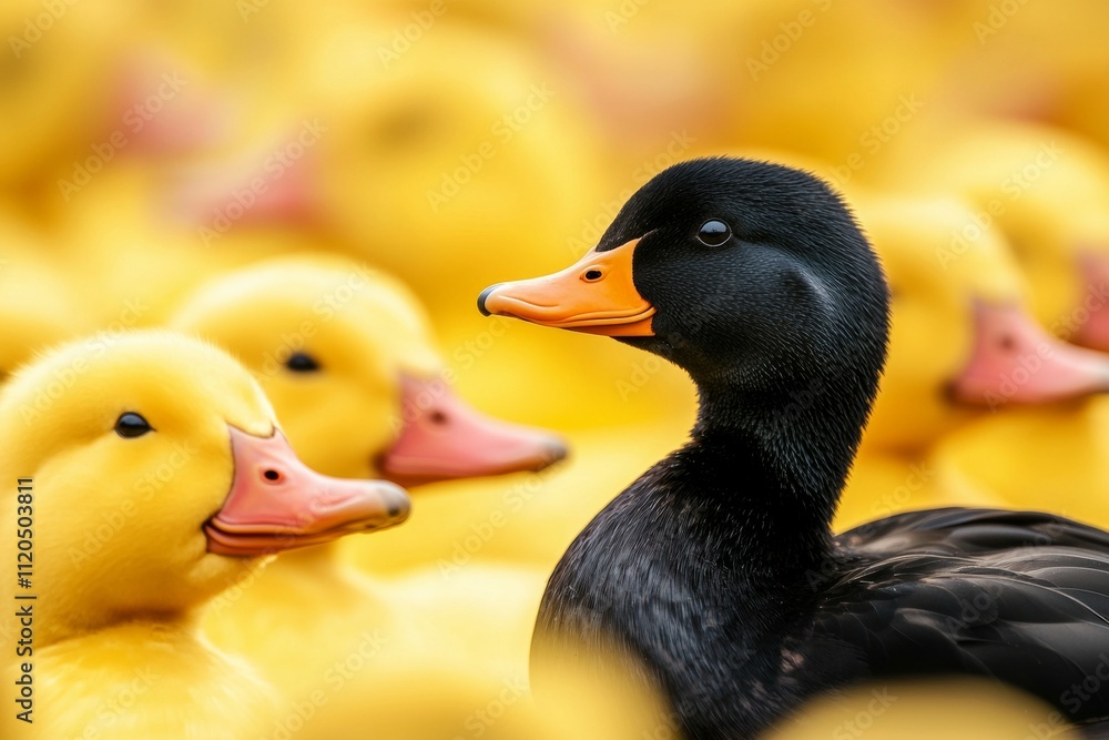 A black duck stands in front of a group of yellow ducks. Unique or different concept A black duck stands in front of a group of yellow ducks. Unique or different concept