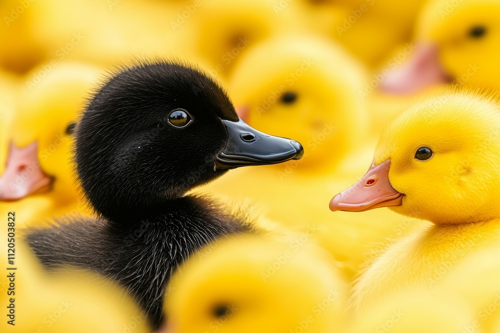 A group of ducklings are huddled together, with one black duck. Unique or different concept A group of ducklings are huddled together, with one black duck. Unique or different concept