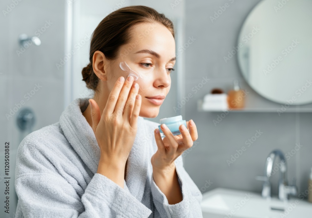 Young woman wearing bathrobe applying face cream in modern bathroom Young woman wearing bathrobe applying face cream in modern bathroom