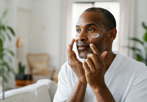 Man wearing bathrobe applying face cream for his daily skincare routine photo