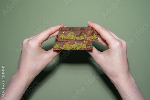 Trend Dubai chocolate bar with pistachio paste, tahini and kataifi dough in woman's hands on green background. Confectionery and sweets. photo