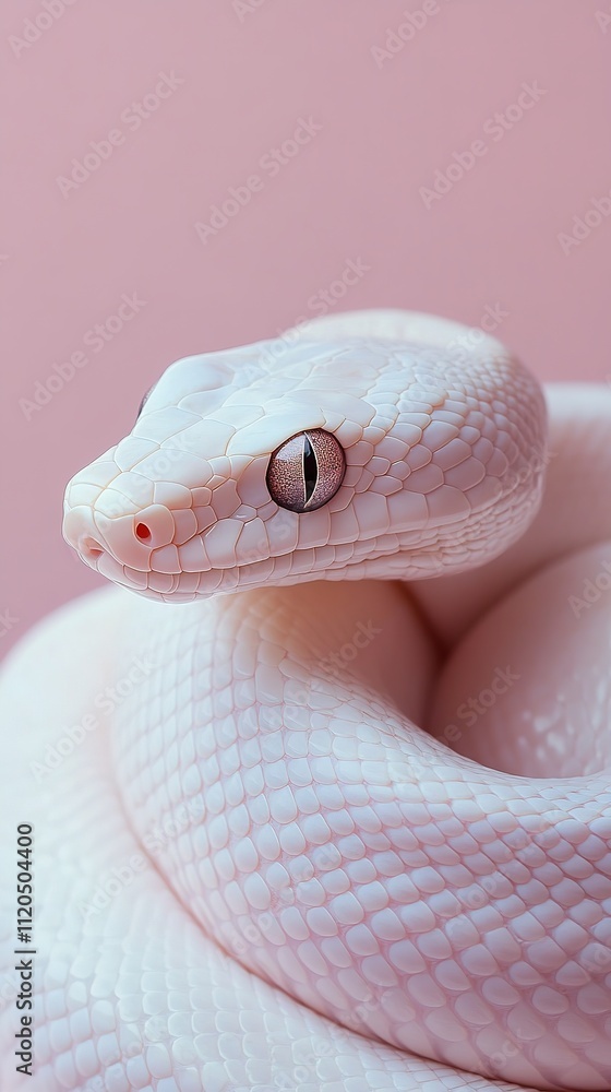 Fototapeta premium Closeup of a cute harmless pink holographic snake against bokeh and glitter background. Rainbow snake with scales surrounded by bubbles, soft focus, ethereal setting. Symbol of 2025