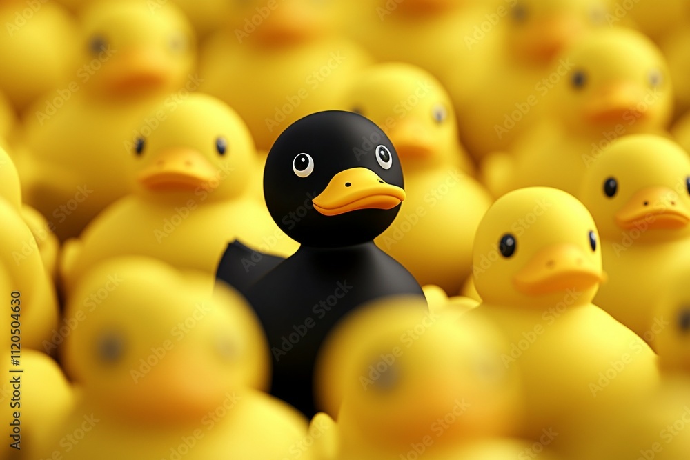 A black duck stands out in a group of yellow ducks. Unique or different concept A black duck stands out in a group of yellow ducks. Unique or different concept