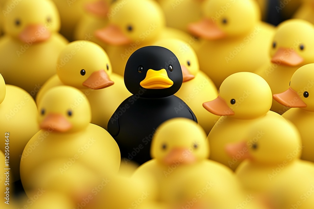 A group of yellow ducks with one black duck in the middle. Unique or different concept A group of yellow ducks with one black duck in the middle. Unique or different concept