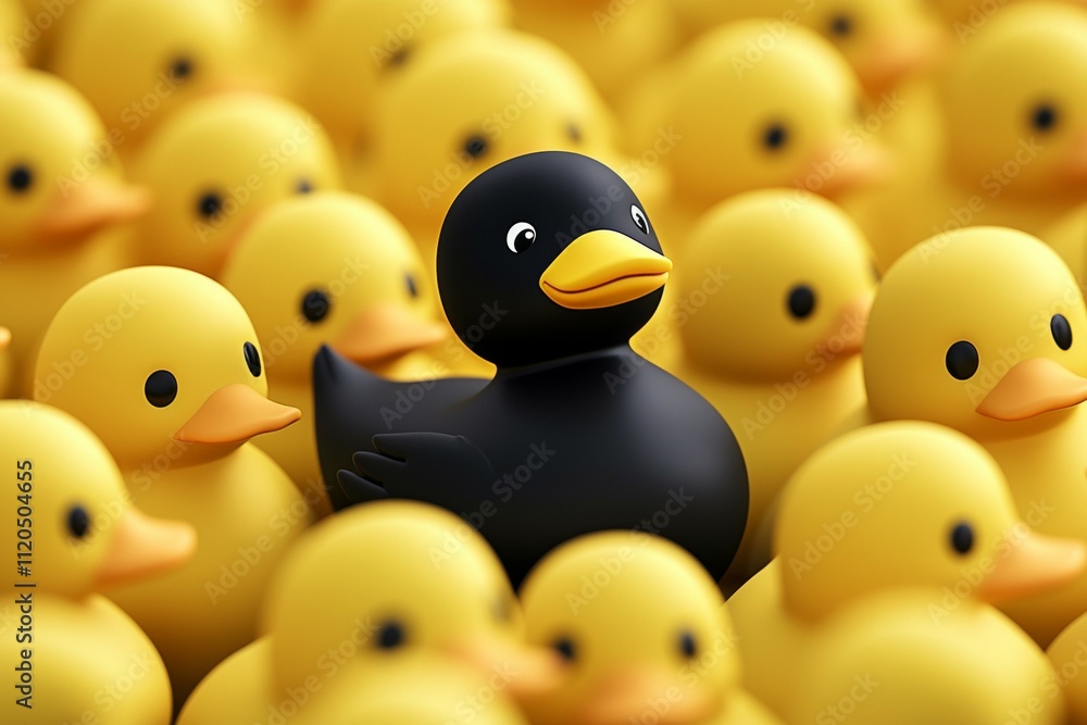 A black duck stands out in a group of yellow ducks. Unique or different concept A black duck stands out in a group of yellow ducks. Unique or different concept