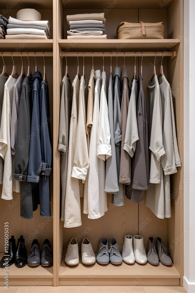 Stylish minimalist wardrobe with neutral clothing and organized shoes Stylish minimalist wardrobe with neutral clothing and organized shoes