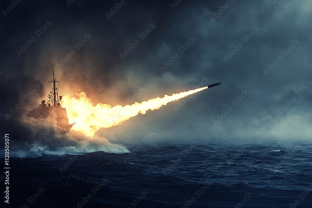 Fototapeta premium Modern warship launching a missile into a cloudy sky above a dark ocean, creating a powerful and dramatic scene filled with military might and intense action