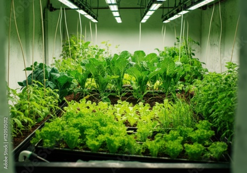 Leafy green vegetables thriving in an underground bunker farm, illuminated by led grow lights, demonstrating resilience and innovation in food production photo