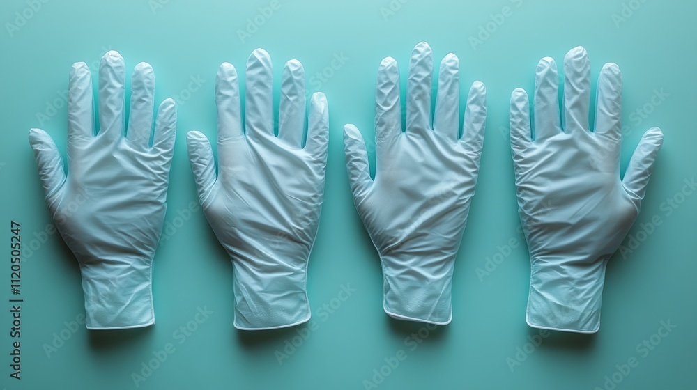 Four light blue nitrile gloves arranged on a turquoise background. Four light blue nitrile gloves arranged on a turquoise background.