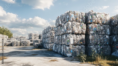 Recycling and storage of waste for further disposal, trash sorting. Picture of recycled plastic waste pressed to bales. Plastic bottles,compressed photo