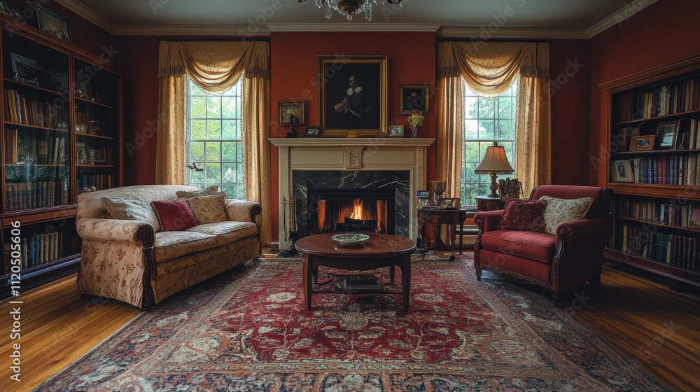 Elegant and cozy traditional living room with a classic fireplace, richly adorned with vintage furnishings and warm wooden bookshelves, creating a welcoming and sophisticated atmosphere for Elegant and cozy traditional living room with a classic fireplace, richly adorned with vintage furnishings and warm wooden bookshelves, creating a welcoming and sophisticated atmosphere for