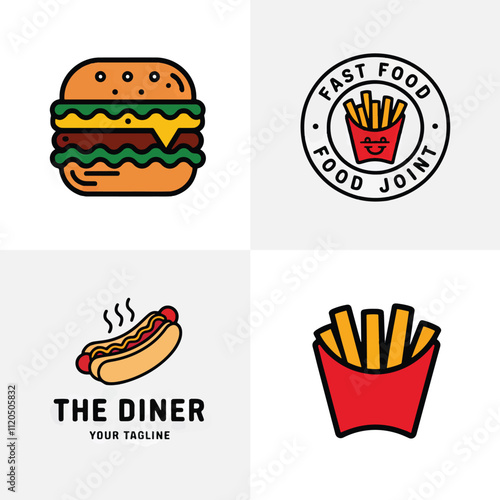 food logo for burger and hamburger sandwich fast food restaurant, burger pizza illustration icon