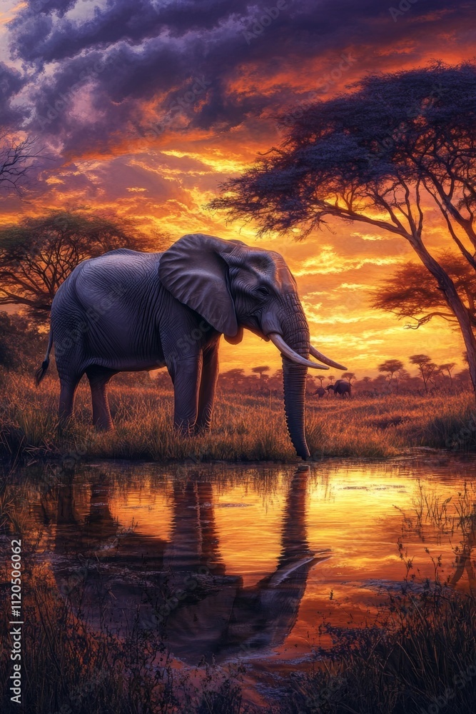Fototapeta premium Majestic Elephant by a Tranquil Waterhole Under a Vibrant Sunset in the Savannah
