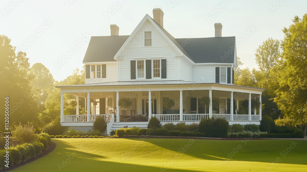 Wide Shot of a Large White Southern Home in North Carolina with a Wrap-Around Porch, Captured in Beautiful Mid-Morning Lighting Wide Shot of a Large White Southern Home in North Carolina with a Wrap-Around Porch, Captured in Beautiful Mid-Morning Lighting