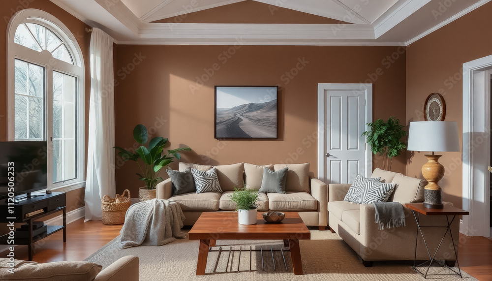 Fototapeta premium Cozy living room featuring a fireplace, mocha-colored walls, large windows, and elegant decor.
