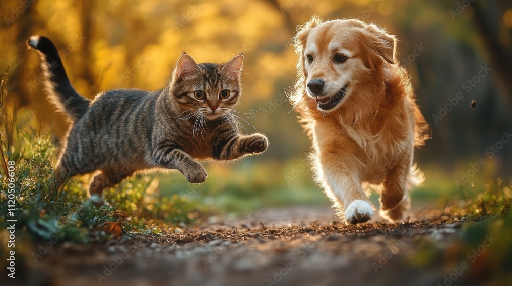 Golden retriever dog and tabby cat running and playing together Golden retriever dog and tabby cat running and playing together